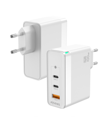 CARGADOR GAN AISENS 100W 2XUSB C PD30 QC40 QC50 1XUSB A QC30 BLANCO
