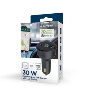 CARGADOR RAPIDO PARA COCHE GEMBIRD USB DE 2 PUERTOS TIPO C PD LCD 30 WNEGRO
