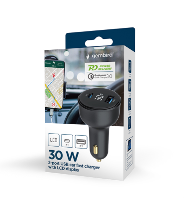 CARGADOR RAPIDO PARA COCHE GEMBIRD USB DE 2 PUERTOS TIPO C PD LCD 30 WNEGRO