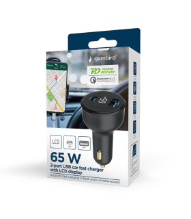 CARGADOR RAPIDO PARA COCHE GEMBIRD USB DE 2 PUERTOS TIPO C PD LCD 65 WNEGRO