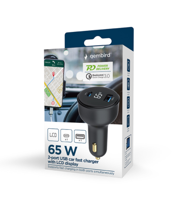 CARGADOR RAPIDO PARA COCHE GEMBIRD USB DE 2 PUERTOS TIPO C PD LCD 65 WNEGRO