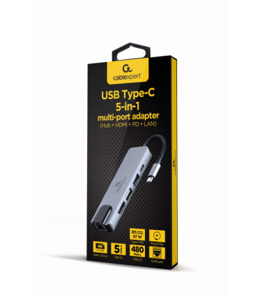 ADAPTADOR MULTIPUERTO USB TIPO C 5 EN 1 HUB HDMI PD LAN