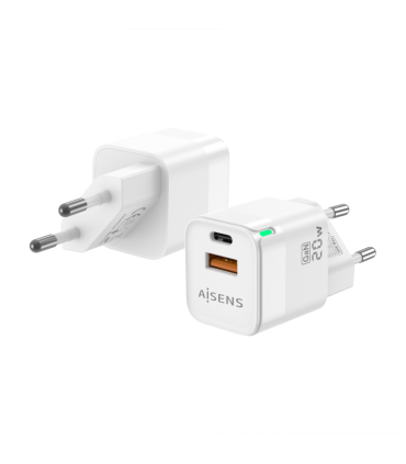 CARGADOR GAN AISENS 20W 1XUSB C PD30 QC40 1XUSB A QC30 BLANCO