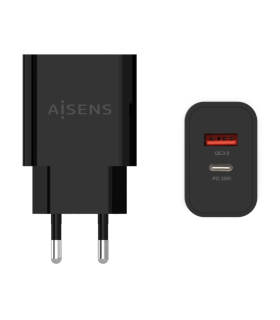 CARGADOR AISENS 20W 1xUSB C PD30 1xUSB A QC30 NEGRO