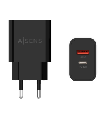 CARGADOR AISENS 20W 1xUSB C PD30 1xUSB A QC30 NEGRO