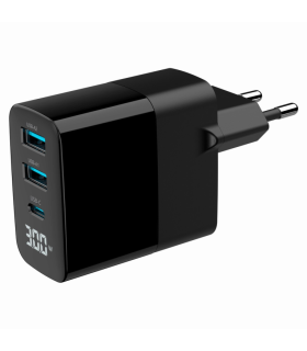 CARGADOR RAPIDO USB GEMBIRD GAN DE 3 PUERTOS Y 30 W LCD NEGRO
