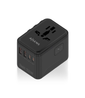 ADAPTADOR AISENS ENCHUFE UNIVERSAL VIAJE CARGADOR USB GAN 25W NEGRO