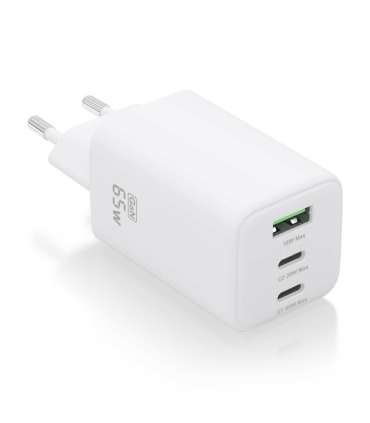CARGADOR AISENS GAN 65W 2XUSB C PD30 QC40 1XUSB A QC30 BLANCO