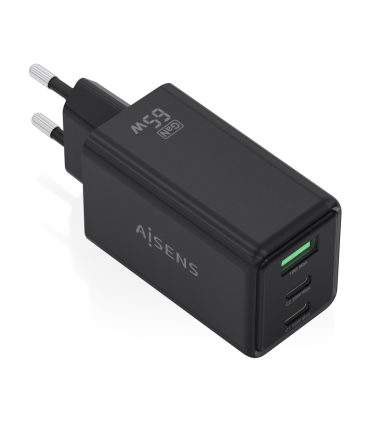CARGADOR AISENS GAN 65W 2XUSB C PD30 QC40 1XUSB A QC30 NEGRO
