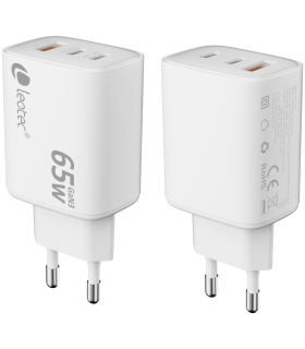 LEOTEC CARGADOR 65W GAN ULTRA SLIM 2 USB C PD1 USB A BLANCO APPLE Y SAMSUNG