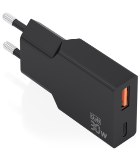CARGADOR AISENS ULTRA DELGADO GaN 30W 1xUSB C PD30 QC40 1xUSB A QC30 NEGRO